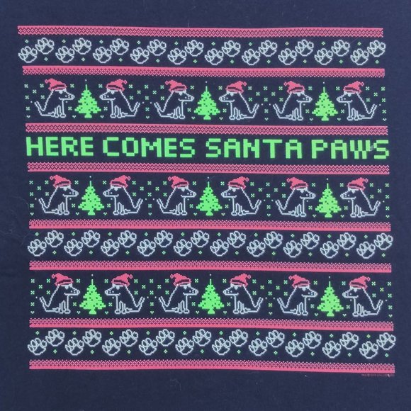 Here Comes Santa Paws Long Sleeve Ladies Crewneck Black Christmas Shirt NEW - Picture 2 of 7